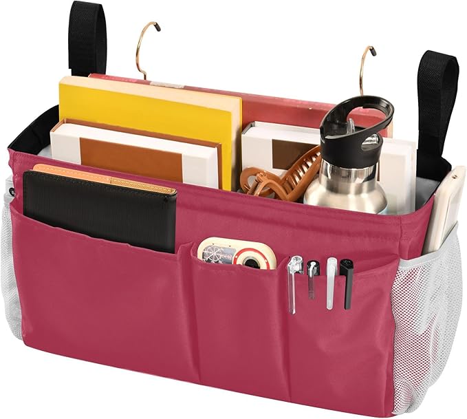 Strawberry Red Bedside Caddy Storage Bag Bedside Organizer for College Dorm Top Bunk Bed Organizer Caddy Hanging Shelf 6 Pockets with Hooks for Glasses Book Tablet Holder