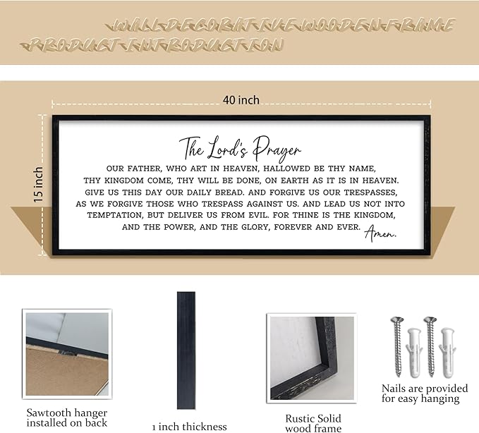 comurdyo The Lords Prayer Our Father Sign Wall Decor 40"X15" Bible Verse Quotes Christian Scripture Large Catholic Inspirational Wooden Framed Wall Hanging Art (Black)