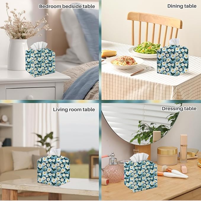 Tissue Box Cover, Tissue Box Holder, Square with Belt Bottom, PU Leather Decorative Organizer for Desk, Tabletop, Countertop Bathroom, Toilet, Car, Office, Dresser Kitchen, Aesthetic Blue Flower Decor