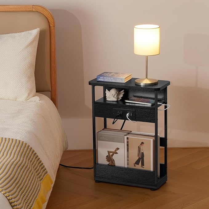 Narrow Side Table with Charging Station, 3-Tier End Table with 2 USB Ports & Power Outlets,Thin Sofa Side Table for Narrow and Small Spaces, Bedside Table Nightstand for Living Room,Black