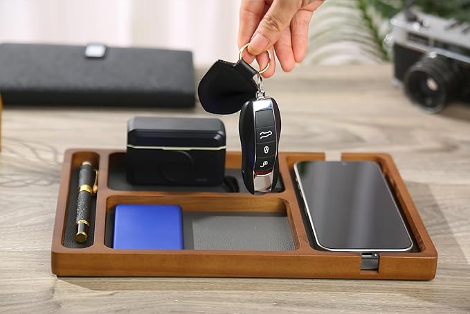 Shinpuru Wooden Valet Tray with Leather Inlay - Nightstand & Desk Organizer - EDC Essentials Catchall Tray for Keys, Phone, Wallet, Watch, Earbuds - Stylish Storage (Wood-Pen)