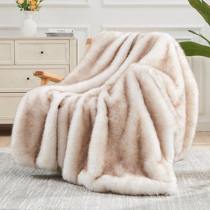 NEWCOSPLAY Faux Fur Twin Blanket Beige Luxury Fluffy Thick Warm Blanket for Couch Sofa Bed 1000GSM (Beige Thick, Twin(60"x80"))
