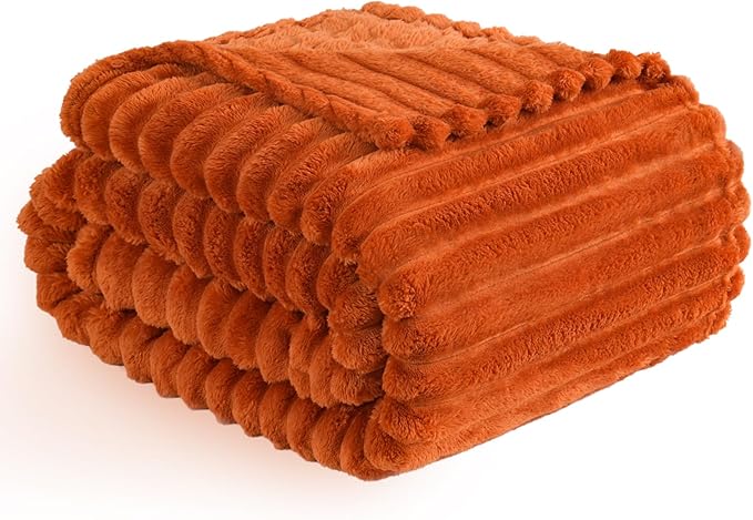 Vessia Flannel Fleece Throw Blanket for Couch, Sofa, Bed, 300GSM Striped Orange Throw Blanket for Kids, Super Soft Warm Cozy Lightweight Home Decor for All Seasons 50x40 inches