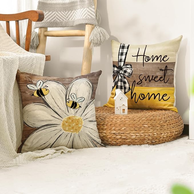 AVOIN colorlife Home Sweet Home Bee Daisy Throw Pillow Covers, 16 x 16 Inch Love Lives Here Spring Summer Stripes Polka Dots Cushion Case for Sofa Couch Set of 4