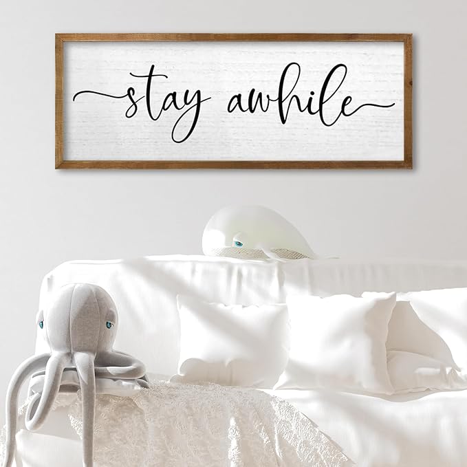 TQianJiang Living Room Wall Decor Stay Awhile Sign 24"×10" Cozy Home Inspirational Quote for Home Entryway Plaque Hallway Rustic Farmhouse Large Wood Framed Wall Hanging Art (Wood)