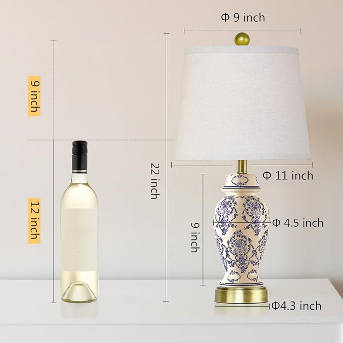 RORIANO Chinoiserie Ceramic Small Table Lamps Set of 2 for Living Room Bedroom Bedside, Traditional Beige and Blue Porcelain Classic Table Lamp for Nightstand Entryway, 2 LED Bulbs Included