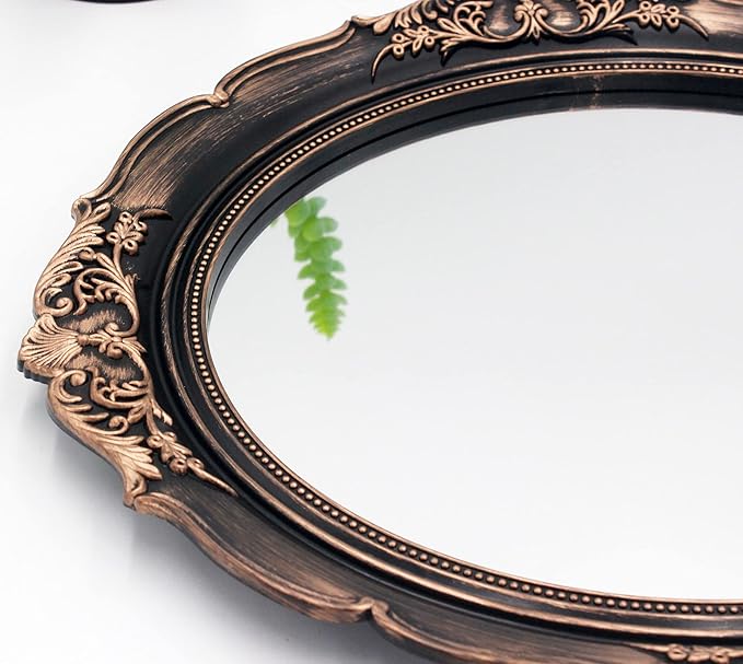 Eaoundm 13.1 x 14.8 inchs Decorative Wall Mirror,Vintage Hanging Mirrors for Bedroom Living-Room Dresser Decor Oval (Vintage Gold 2 Pcs) Plastic Frame