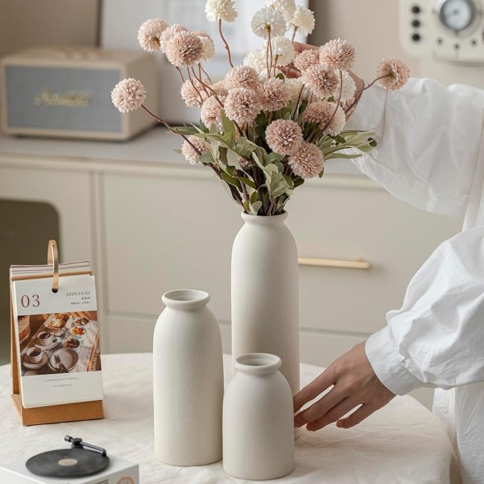Ceramic Vase Set-3, 10.3 Inch Tall Flower Vases for Decor, Modern Boho Farmhouse Style, Decorative Vases for Pampas Grass & Dried Flowers, Distressed Finish (L Beige)