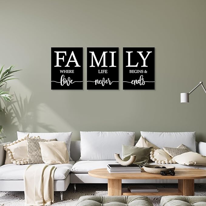 Family Where Life Begins And Love Never Ends Wall Art:3 Piece Love Quotes Wall Decor Above Bed,Modern Minimalist Family Signs Country Farmhouse Decor for Living Room Bedroom 12"x16"
