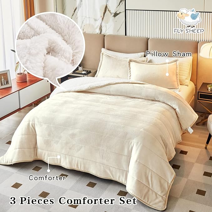 3-Layer Luxury Flannel Fleece Thick Bed Blanket Full Queen Size, Soft Plush Velvet Sherpa Blanket with 2 Pillow Shams Heavy Warm for Winter, Breathable n Washable, Cream White