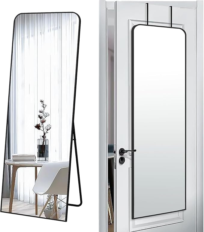 57x20 Door Hanging Full Length Mirror, Floor (Height 5.7ft just Body in 1.3ft) or Wall Mounted Metal Frame Rectangle Dressing Mirrors for Bedroom Bathroom Living Room 57 inch Black