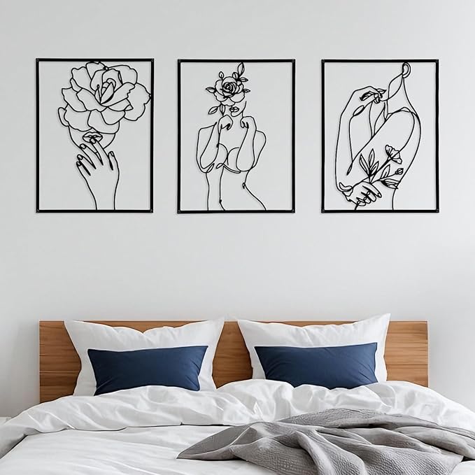 GOKURVG Wall Art Over Bed Wall Decor 3Pcs Metal Wall Art Above the Bed Wall Decor Minimalist Single Line Art Female Body Floral Gold Room Decor for Bedroom Modern Wall Art for Indoor 16.5x12.5in