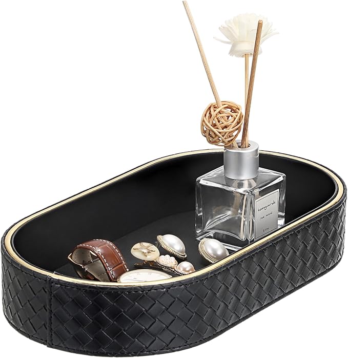 Hipiwe PU Leather Valet Trays Colognes Organizer Perfume Tray for Men, Modern Nightstand Bedside Storage Tray, Black Key Holder Bowl for Entryway Decorative Catchall Trays for Keys, Watch, Wallet