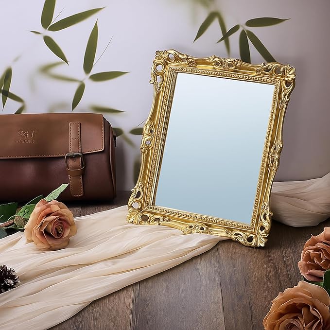 6 Pcs Vintage Gold Mirrors Set Including Small Oval Wall Mirror Antique Shield Shape Square Decorative Mirror Dresser Mirrored Tray for Bedroom Wedding Victorian Decor (Classic,Gold)