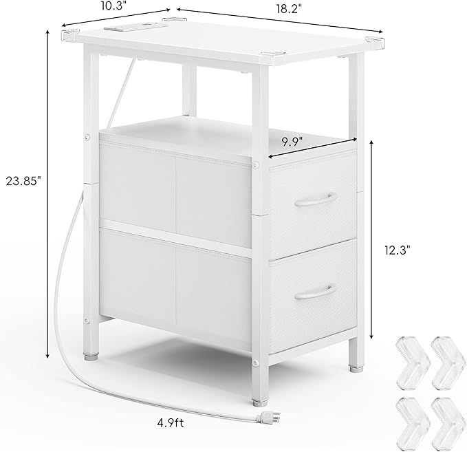 Vagusicc White End Table with Charging Station, Narrow Side Table, 23.8'' Tall Nightstand with 2 Fabric Drawers, Small Sofa Side Table Narrow Nightstand for Small Spaces, Bedroom, Bedsise Table, White
