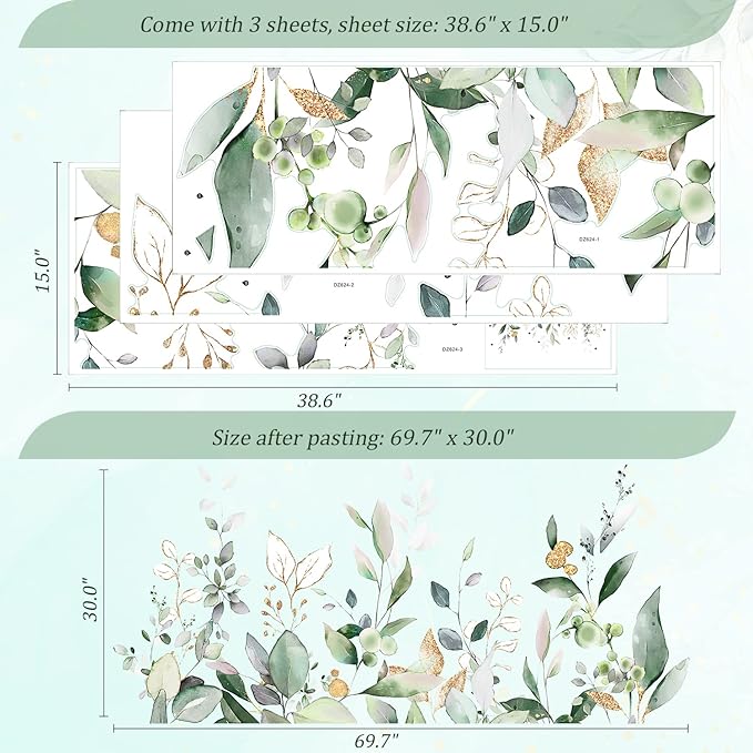 Green Plants Leaves Wall Decals Peel and Stick, Large Hanging Herbal Vinyl Wall Stickers, Removable Vine Home Decor Art for Bedroom Living Room Classroom Office