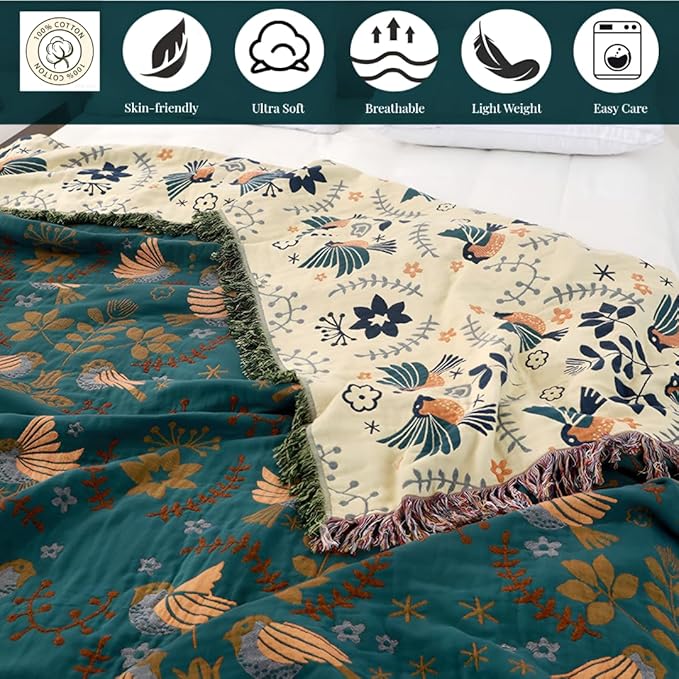 Boho Blanket for Bed 100% Cotton Bohemian Throw Blankets Ultra Soft Woven Muslin Decorative Blankets All Seasons Vintage Quilt Knitted Blanket for Sofa Chair (Colorful, 90"x98")