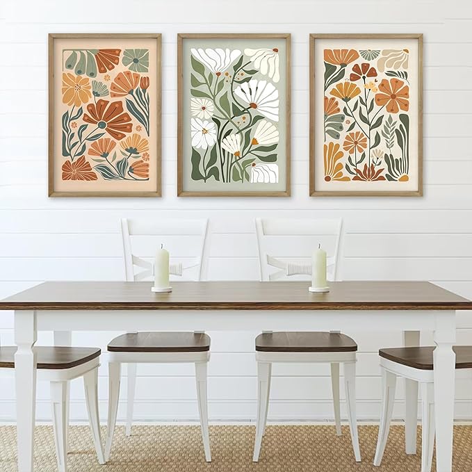Wildflower Floral Green Botanical Wall Art Print 16"x24" Set of 3 flower Illustrations Minimalist Modern Boho Sign Wood Framed for Living Room Bedroom Office Abstract Wall Hang Decor (Wood)