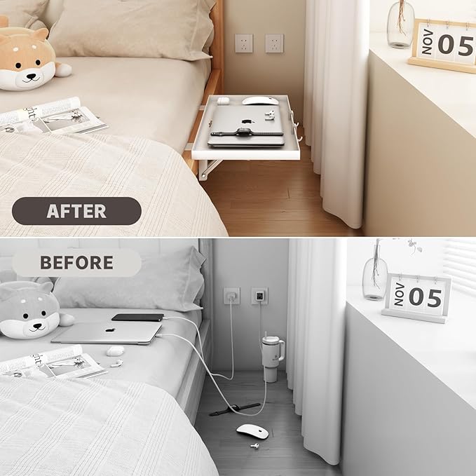 Foldable Bedside Shelf, Metal Clip-On Bunk Bed Table Shelf for Top Bunk Heavy Duty Bed Side Table Tray for College Dorm Room Essentials, Loft Nightstand Organizer Tray with 3 Cord Hole(White)
