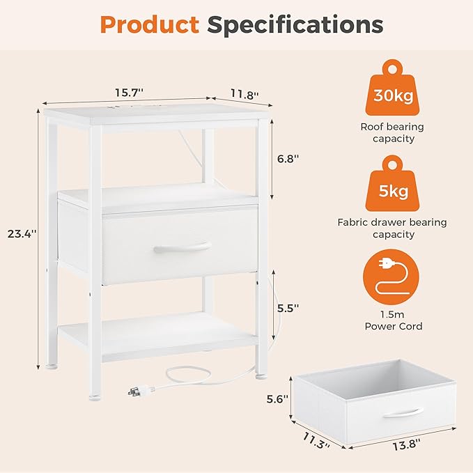 DUMOS Bedside Table with Charging Station and Adjustable Fabric Drawer Compact Nightstand 3-Tier Storage Organizer End Table for Bedroom,White