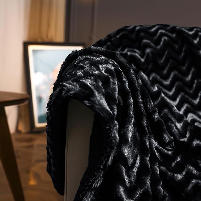 Whale Flotilla Faux Fur Sherpa Throw Blanket for Couch Sofa, Cozy Reversible Fuzzy Fluffy Plush Throws for All Season, Warm and Soft, 50x60 Inch, Black