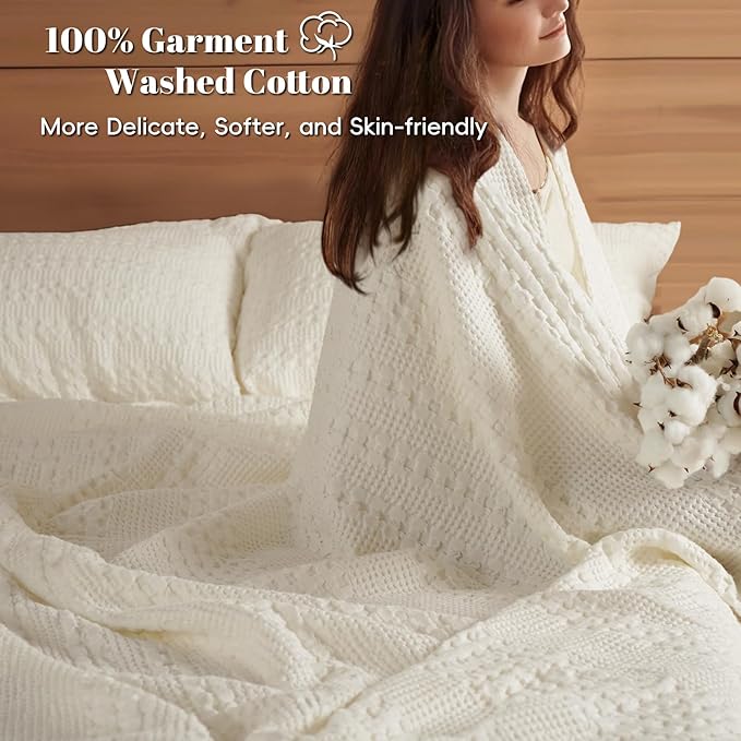 PHF 100% Cotton Waffle Weave Blanket Twin Size for Bed, Soft Lightweight & Breathable for Spring and Summer, All-Season Comfort, Luxury Aesthetic Blanket for Home Decor, 66"x90", Ivory