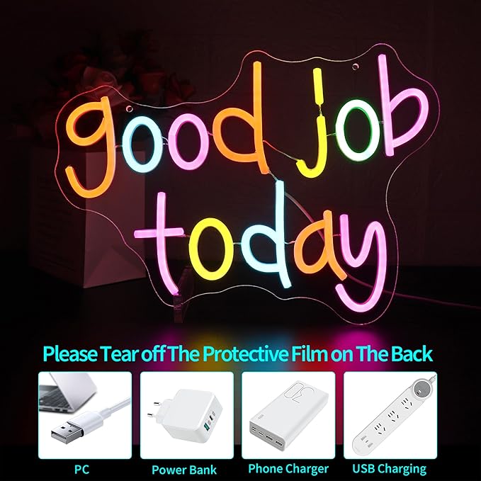 Neon Sign, HSJNJKFU Good Job Today Neon Signs for Wall Decor Led Light up Signs for Room, Library, Office, Party, Store, Business, Shop, Cafe, Home Decor Lights Sign, USB Powered