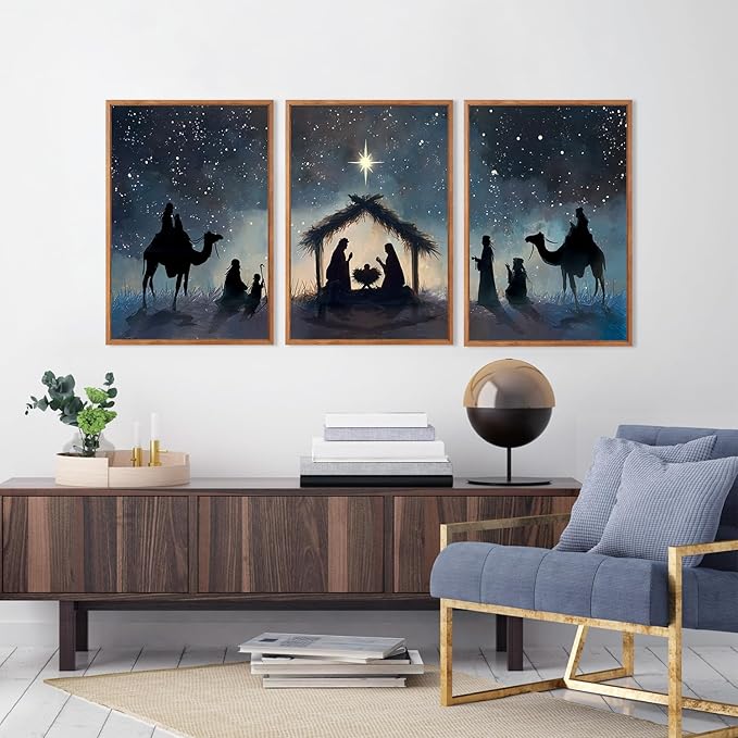 CHDITB Christian Nativity Framed Canvas Wall Art, Bible Joseph Mary And Baby Jesus Wall Decor,Birth of Jesus Scene Painting, Religious Biblical Art Prints For Prayer Room Bedroom 12”X16”x3
