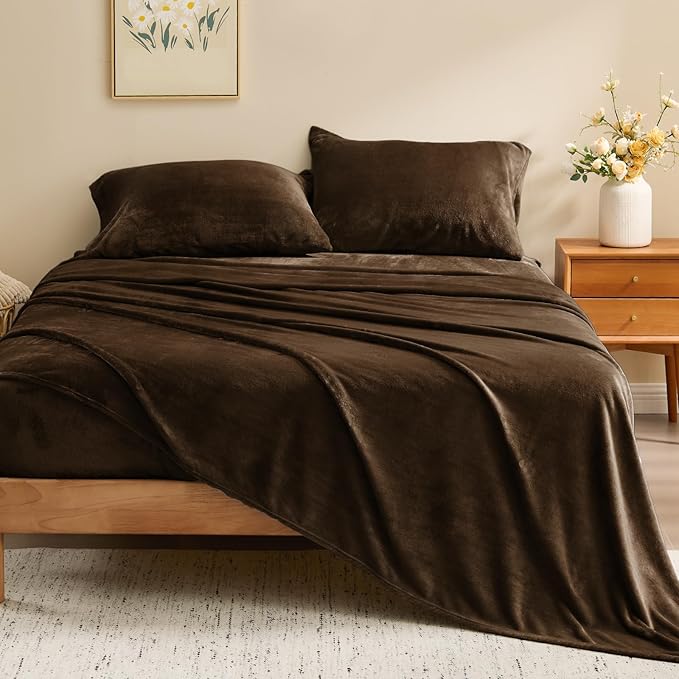 BEDELITE Flannel Sheets Full Size Brown - Super Soft Fleece Sheets Set Fluffy Extra Plush, 4 Piece(Include Fitted Sheet, Flat Sheet, 2 Pillowcases)