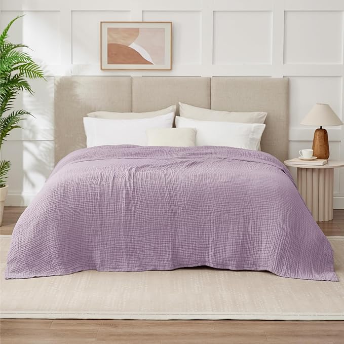 100% Cotton Muslin Blanket California King 120" x 90", 6 Layers Breathable and Lightweight Oversized Blankets for Bed, Soft Cooling Gauze Blanket for Adults All Season, Lavender