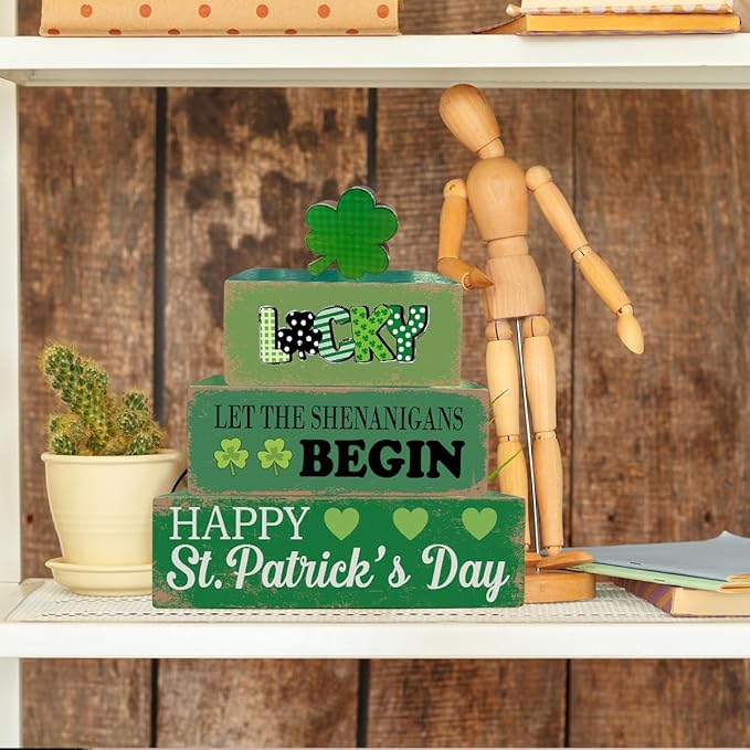 4 Pcs St. Patrick's Day Table Decoration Wooden Lucky Shamrocks Block Signs Happy St. Patrick's Day Table Centerpiece Irish Tiered Tray Decor for Desktop Shelf Mantel Farmhouse Home Decor