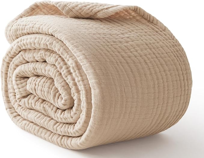 100% Cotton Muslin Blanket Queen 90" x 90", 6 Layers Breathable and Lightweight Cotton Throw Blanket for Bed, Soft Quilt Bedspread Coverlet, Gauze Blanket for Adults All Season, Beige Linen, Oatmeal