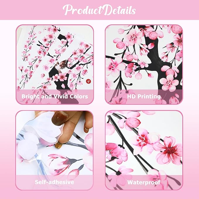 Lilac Wall Decoration Large Cherry Blossom Tree Wall Stickers, 4 Sheets Spring Pink Flower Bird Wall Decals Peel and Stick Wall Murals Decor for Living Room Bedroom (Pink, 11.8 * 35.4inch)