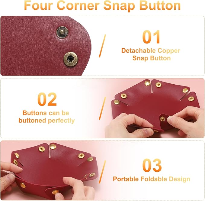 HARFINGTON 2pcs PU Leather Valet Tray Unisex Valet Tray Folding Round Catchall Tray Portable Entryway Table Tray Nightstand Bedside Desk Tray for Key Watch Coin Jewelry Dice, Orange