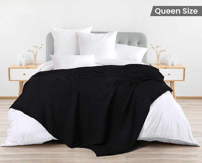 Utopia Bedding Black 100% Cotton Waffle Blanket 300 GSM [Queen - 90x90 Inch] Soft Lightweight Breathable Bed Blanket for All Season