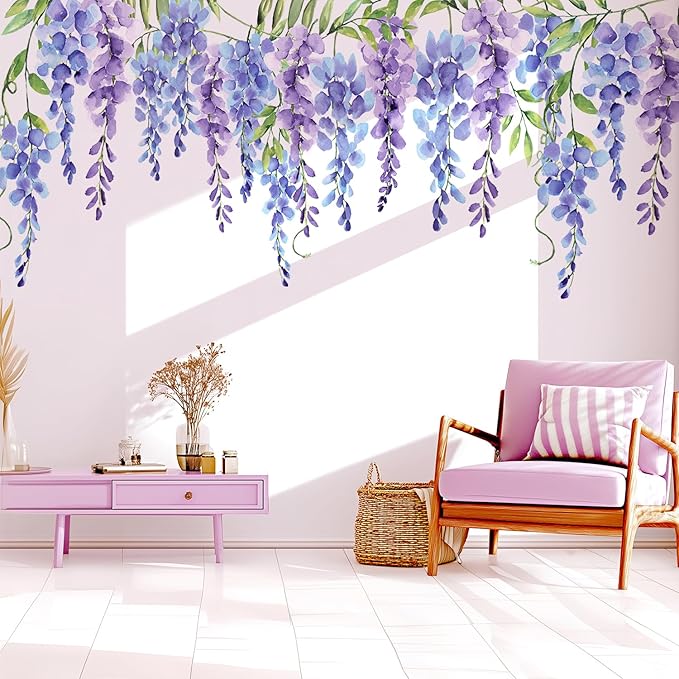 Purple Flowers Wall Decals Peel and Stick, Large Wisteria Floral Vinyl Wall Stickers, Removable Vine Home Decor Art for Bedroom Living Room Classroom Office
