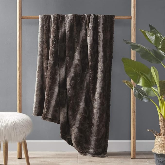 Madison Park Zuri Soft Plush Luxury Oversized Faux Fur Throw Animal Stripes Design, Faux Mink On The Reverse, Modern All Seasons Blanket for Bed, Sofa Couch, Office, Brown, 60x70"