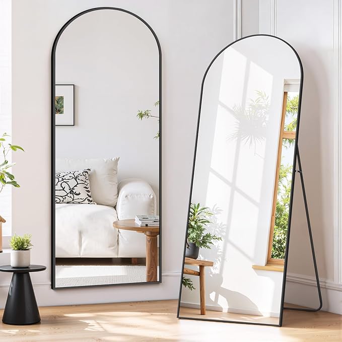 Full Length Mirror 58"x19" Full Body Mirror Arched Free Standing Wall Mounted Leaning Floor Mirrors with Stand Aluminum Alloy Frame for Bedroom Cloakroom, Black