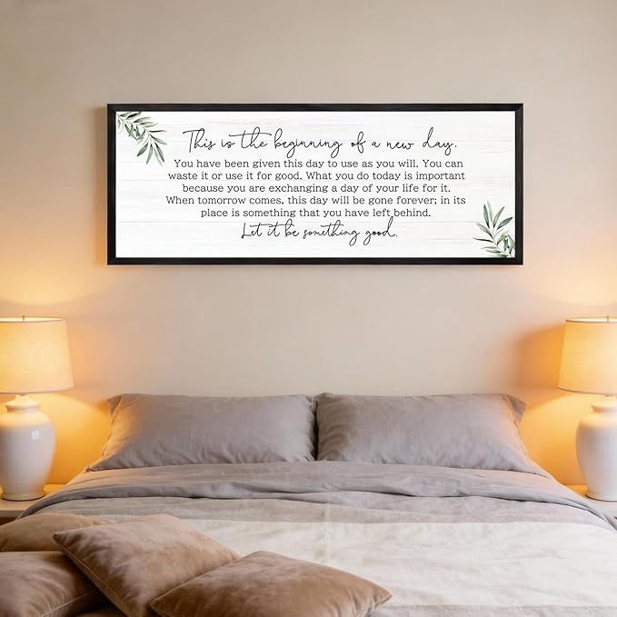 The Beginning of a New Day Wall Art – 40x15 Inch Wooden Framed Inspirational Sign with Motivational Message, Large Rustic Wood Frame Wall Decor for Living Room, Office, Entryway, Black