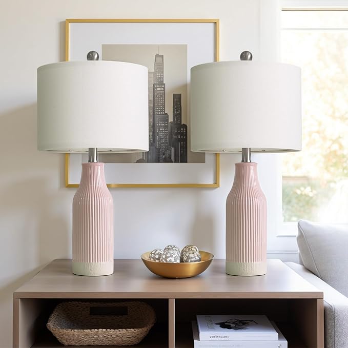 23.75inch Pink Modern Ceramic Bedside Lamp Set of 2 with 5FT Cord for Bedroom Decor Farmhouse Table Lamp for Living Room Office Dorm