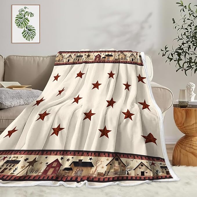 JAWO Rustic Country Throw Blankets, Primitive Barn Star Cozy Warm Bed Couch Blanket, Christmas Farmhouse Theme Fleece Flannel Throws to Decorate The Room and Bedroom 60X80IN