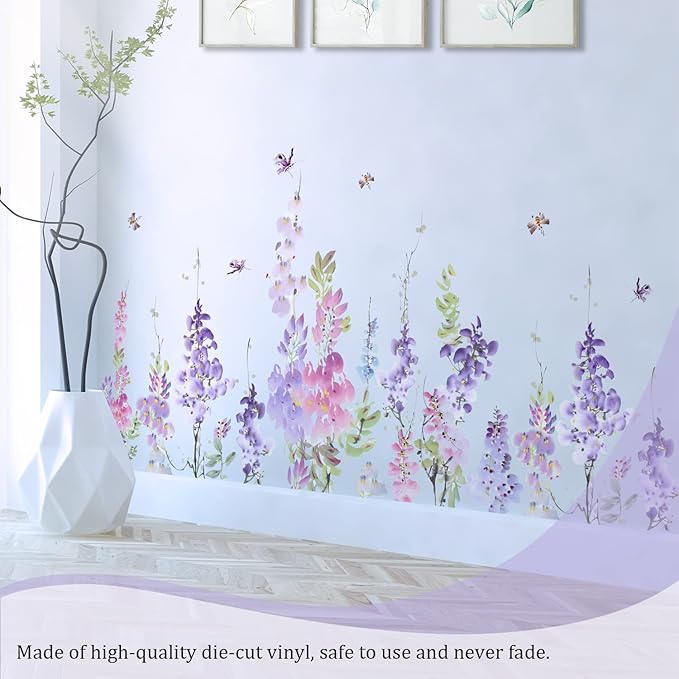 Purple Flowers Wall Decals Peel and Stick, Large Hanging Floral Vinyl Wall Stickers, Removable Vine Home Decor Art for Bedroom Living Room Classroom Office