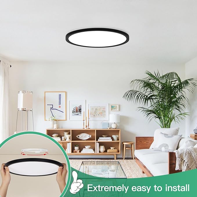 Brightever 12 Inch 6 Pack LED Ceiling Light Flush Mount, 24W 3200LM 0.67 Inch Thickness Close to Ceiling Light Fixtures, Dimmable & 2700K-6500K 5 Color Selectable Light Fixtures Ceiling Mount, Black