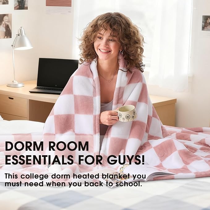 Light Pink Heated Blanket Electric Throw, 50X60 Heating Blanket with 10 Heat Levels & 8 Hours Auto Off for Lap, Checkered Plaid Soft Sherpa Blankets for Mom Grandma Women Couch