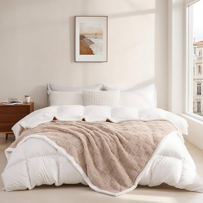 Sherpa Throw Blanket for Couch, Flannel Cozy Soft Thick Blanket for Bed - Fleece, Beige, 60x80 Inches