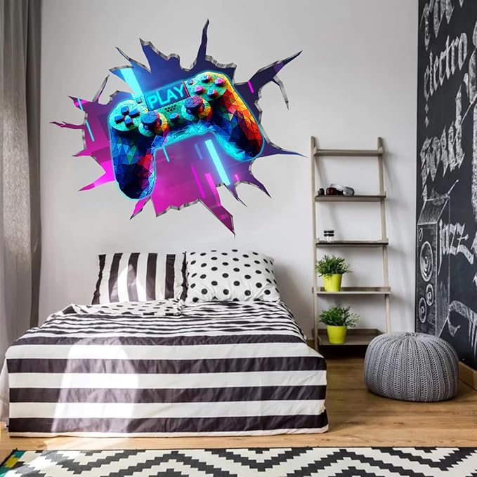 Large 3D Game Wall Decals (35.8”x32.4”), Gaming Break Through The Wall Vinyl Wall Stickers for Game Lover, Removable Video Games Artwork for Boys Playroom Bedroom Decor