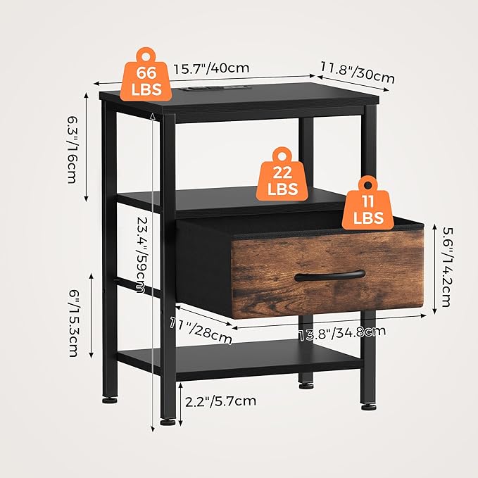 DUMOS Nightstand Set of 2 with Wireless Charging Station Bed Side Tables with Adjustable Fabric Drawers 3-Tier Storage End Tables Modern Design,Black and Brown