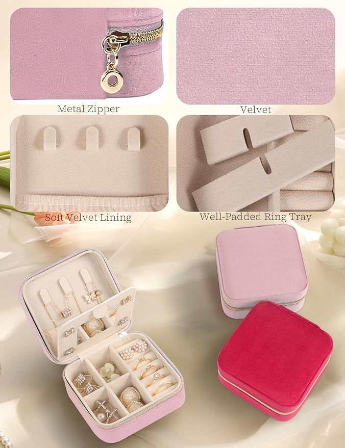 Plush Velvet Travel Jewelry Case Small Jewelry Box Jewelry Organizer Storage Case Portable Jewelry Travel Case for Girls Womens Earring, Necklace, Rings,Bracelets with Mirror