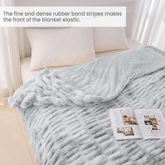Warm Fuzzy Faux Fur Blanket, Elastic Striped Fleece Throw Blanket for Couch Sofa Bed Living Room, Light Grey Double-Sided Furry Blanket and Throws - 50"x 60"