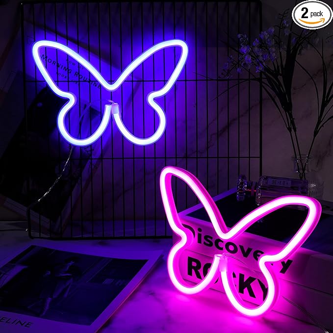 Riakrum 2 Pcs Butterfly Neon Signs LED Light 3AA Battery Powered USB Operated Wall Neon Light Decor Butterfly Wall Art for Christmas Home Bedroom Birthday Party Decor(Pink, Blue)